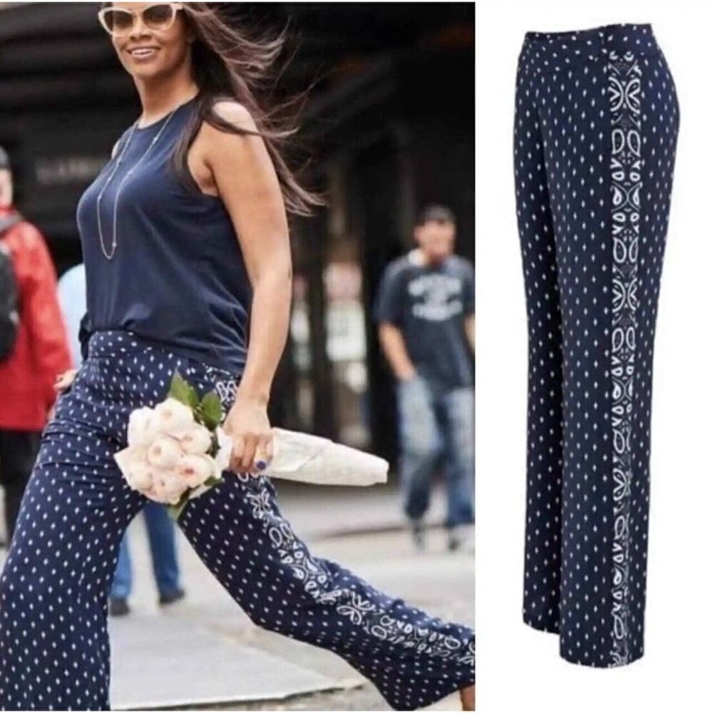 CAbi Track Star Navy White Bandana Print Wide Leg Casual Flowy Pants